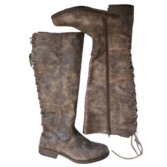 Womens 8.5 Montana Brown Knee-High Lace-Up Western Equestrian Boho Riding Boots - Picture 2 of 8